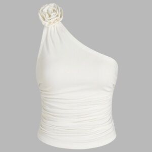 Cider white ruched sides one shoulder top with fabric rose